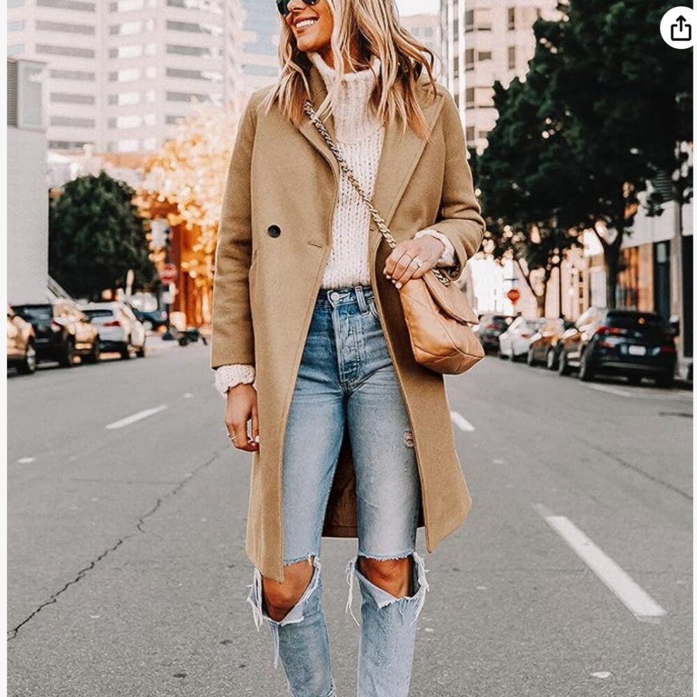 Hooever Women's Winter Wool Coat Casual Notch Lapel Single-Breasted Peacoat MEDI